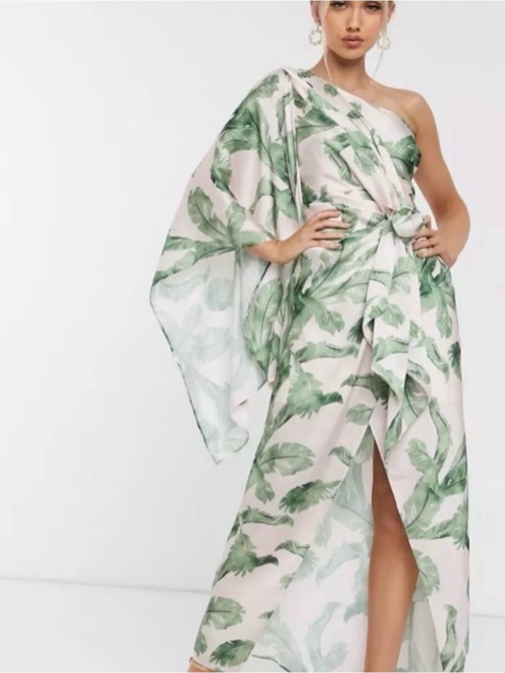 One-Shoulder Maxi Dress with Green Leaf Print